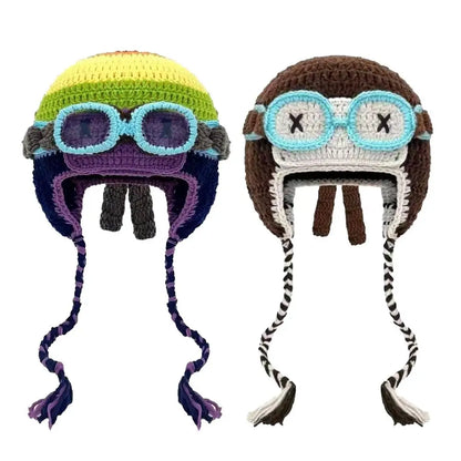 Korean Niche Pilot Knitted Hat With Detachable Glasses Funny Knitted Beanie Cap Unisex Autumn Winter Warm Ear Protection Hats
