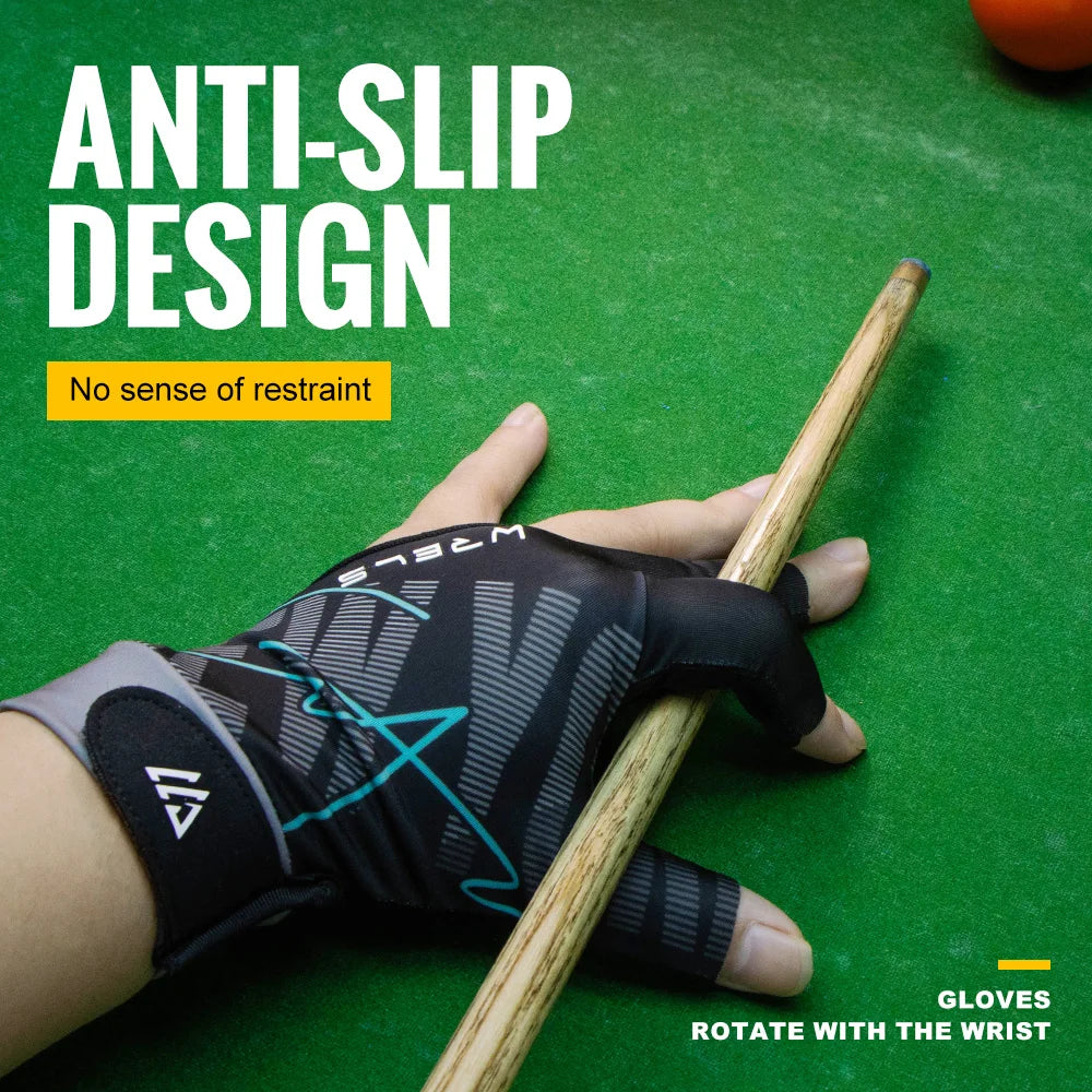 Hand wearing a black glove holding a pool cue on a green felt background with text about anti-slip design.