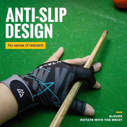 Hand wearing a black glove holding a pool cue on a green felt background with text about anti-slip design.