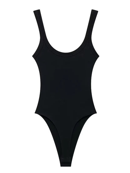 Women's Skinny Ribbed Bodysuits O Neck Straps Snap-Button Sexy Fashion Female Playsuits Comfortable Stretchy Clothing