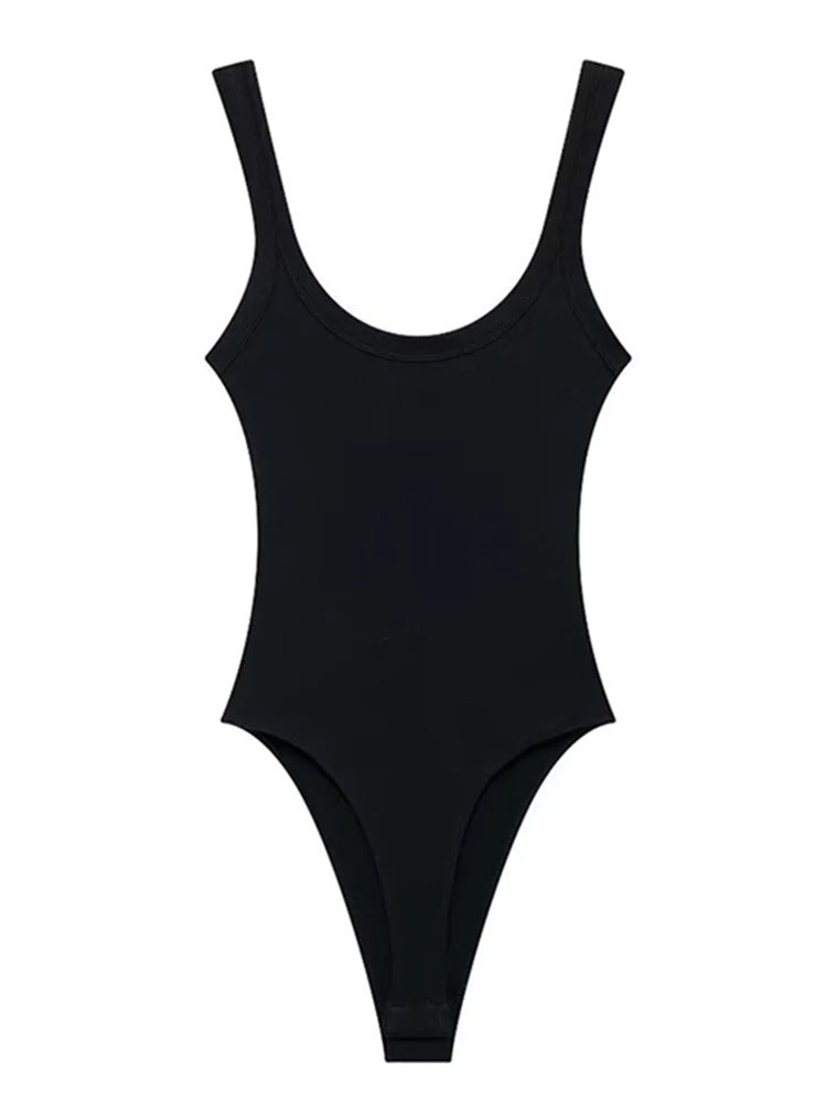 Women's Skinny Ribbed Bodysuits O Neck Straps Snap-Button Sexy Fashion Female Playsuits Comfortable Stretchy Clothing