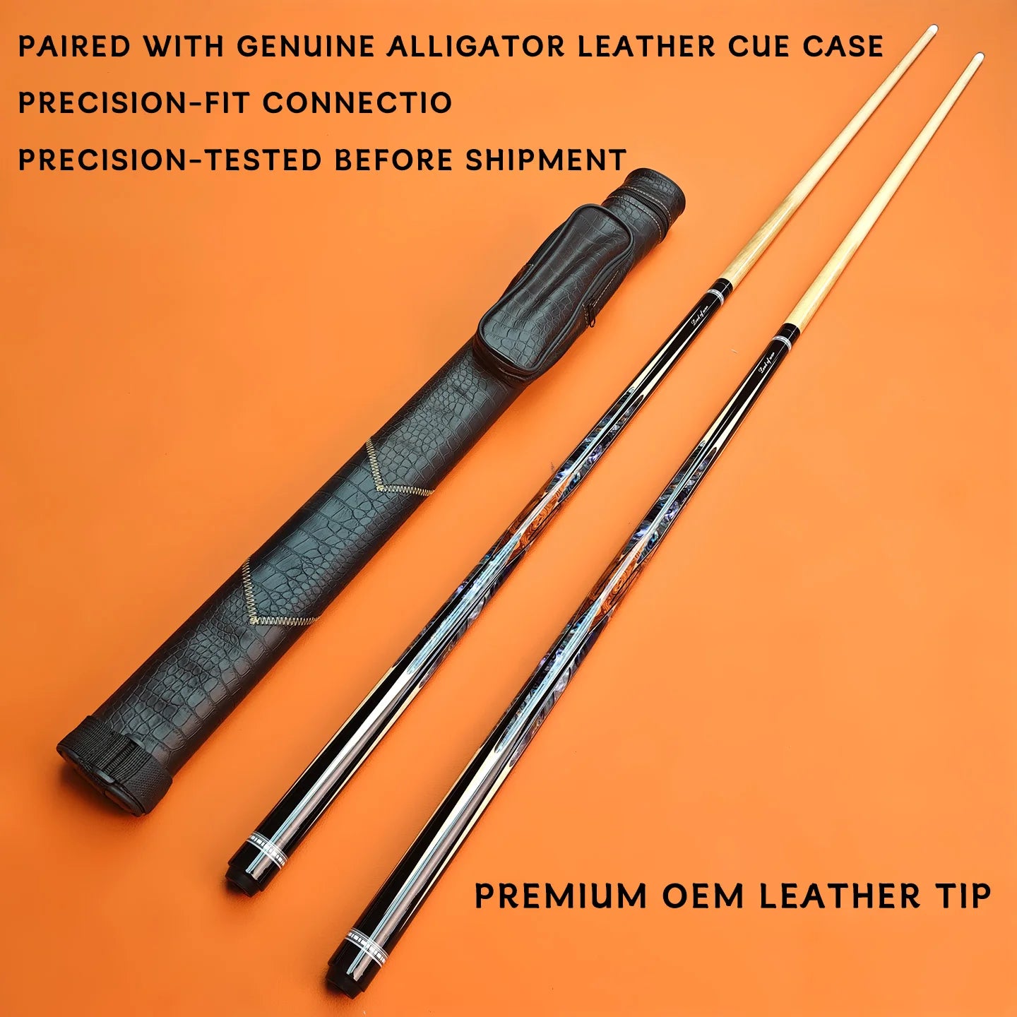Pool cue with black leather case on an orange background