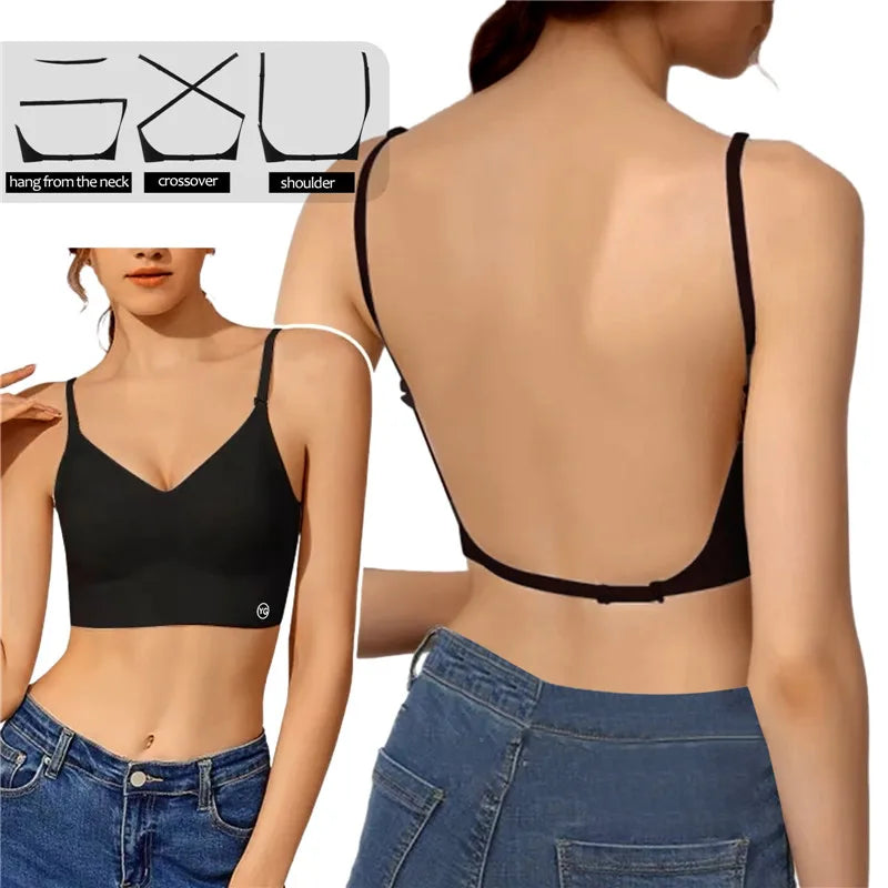 Women Invisible Bra Deep U Plunge Bras Backless Top for Dresses Sexy Lingerie with Transparent Strap Push Up Strapless Underwea