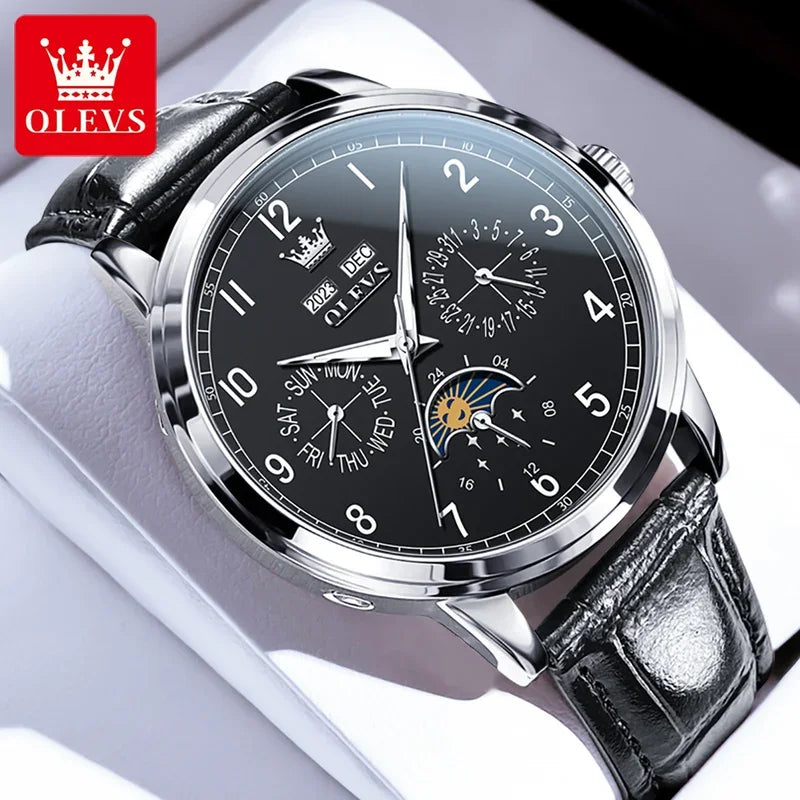 OLEVS Automatic Moon Phase Watch for Men — Leather, Waterproof, Luminous