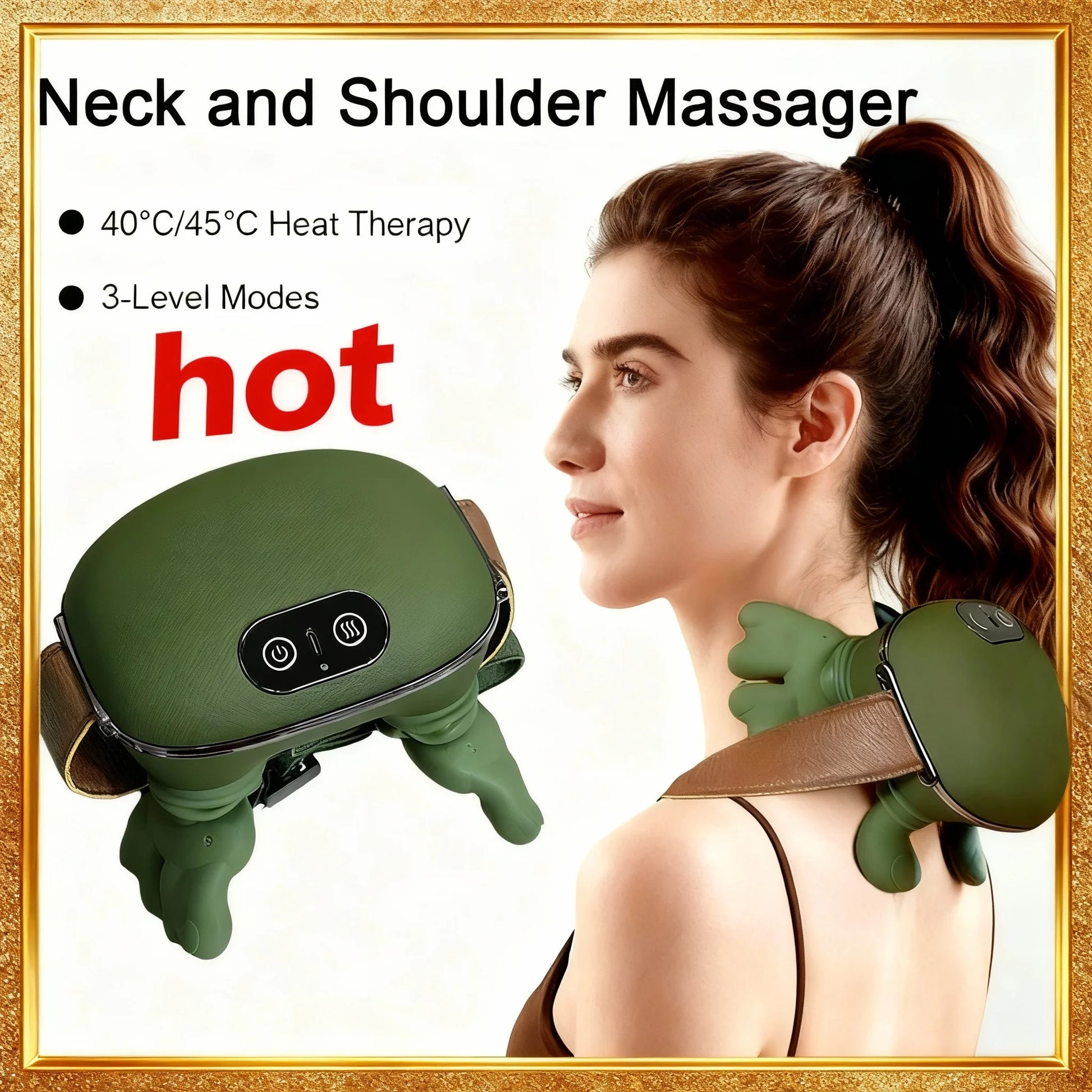 Neck and shoulder massager with a woman using it, highlighting heat therapy and modes.