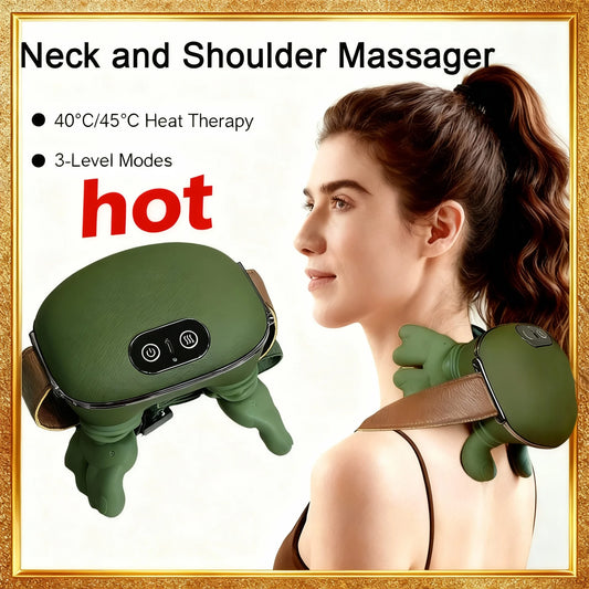 Neck and shoulder massager with a woman using it, highlighting heat therapy and modes.