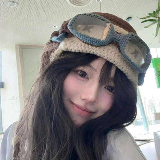 Korean Niche Pilot Knitted Hat With Detachable Glasses Funny Knitted Beanie Cap Unisex Autumn Winter Warm Ear Protection Hats
