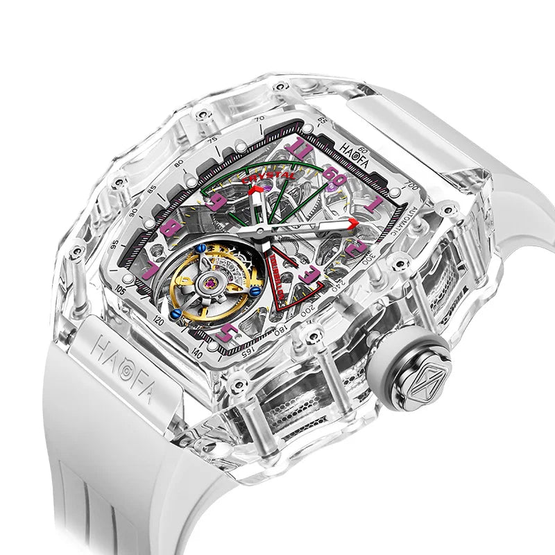 Haofa Tourbillon Crystal Transparent Hollowing Waterproof Luminous Automatic Mechanical Watches
