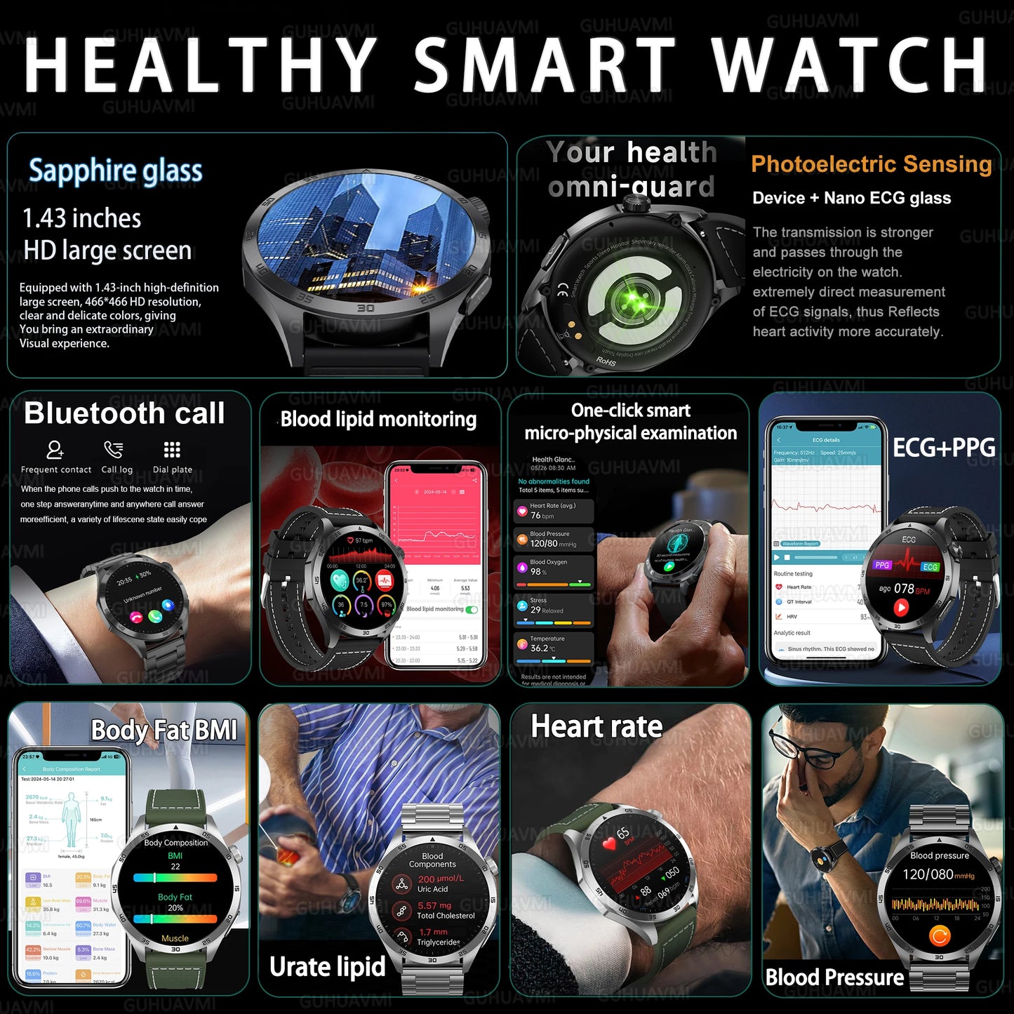 Smartwatch with various health monitoring features and app interfaces.