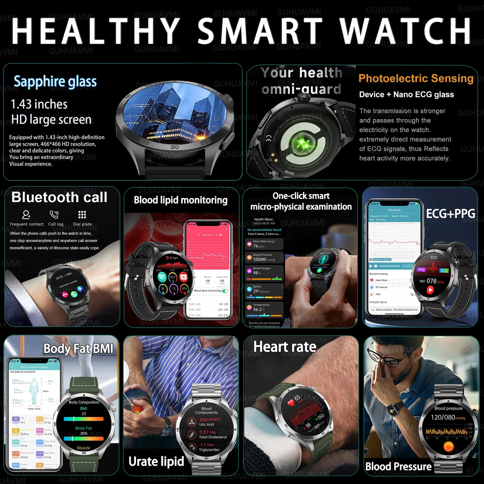 Smartwatch with various health monitoring features and app interfaces.