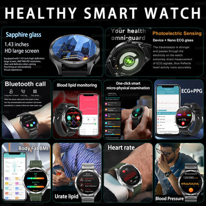 Smartwatch with various health monitoring features and app interfaces.