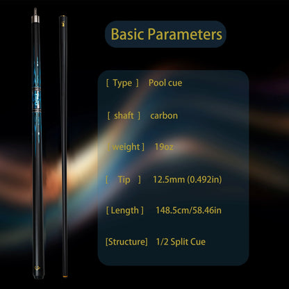 58" Carbon Fiber & Maple Pool Cue - Metallic Blue Dragon, 12.5mm Multi-Layer Tip | Pro Billiards Gear for Parent's Day Gifts