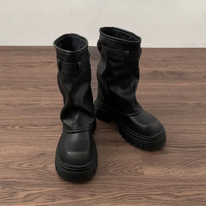 Winter Women Biker Boots Fashion Belt Buckle Ladies Elegant Platform Flats Short Booties Casual Women's Knight Booties