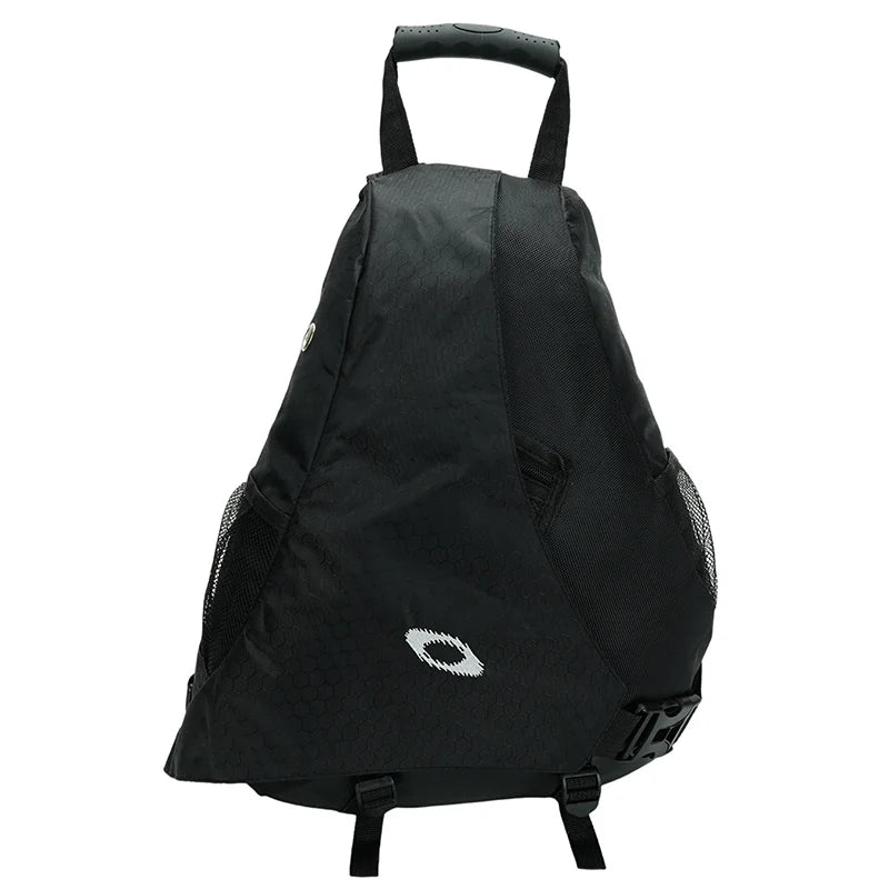 Black backpack with a brand logo on a white background