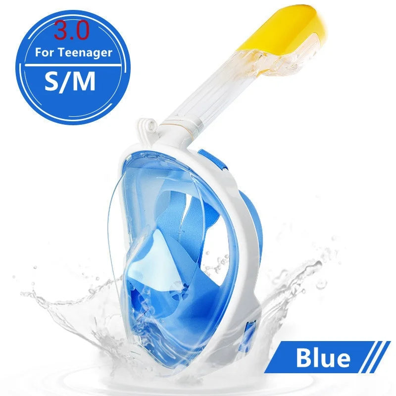 Blue snorkeling mask with a yellow snorkel on a white background