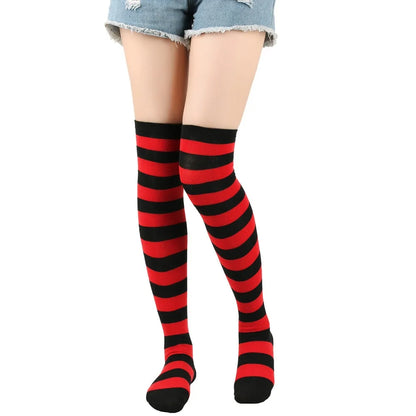 1 Paar stylische knielange JK-Socken, Damen-Streifensocken, hohe Socken, Mädchen-Oberschenkel-Socken. Mehrfarbige gestreifte niedliche Socken