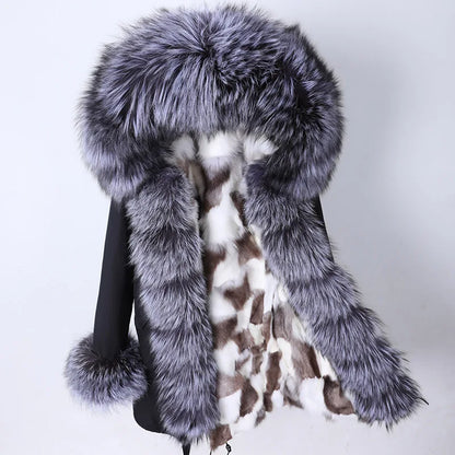 Maomaokong 2022 Winter Long Jacket Real Fur Coat Women Clothes Large Fur Collar Detachable Natural Fox Lining Parkas Leather Fur