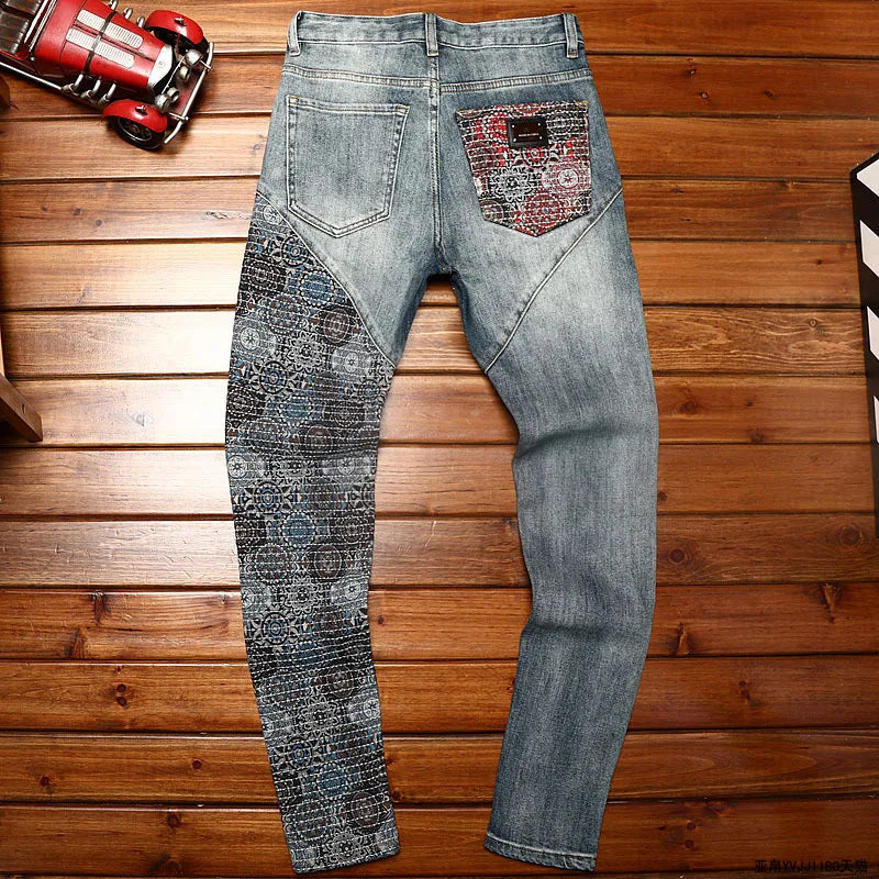 Jeans mit Stickmuster, Herren, modisch, Stretch, Persönlichkeit, elegant, lässig, Retro, Used-Look
