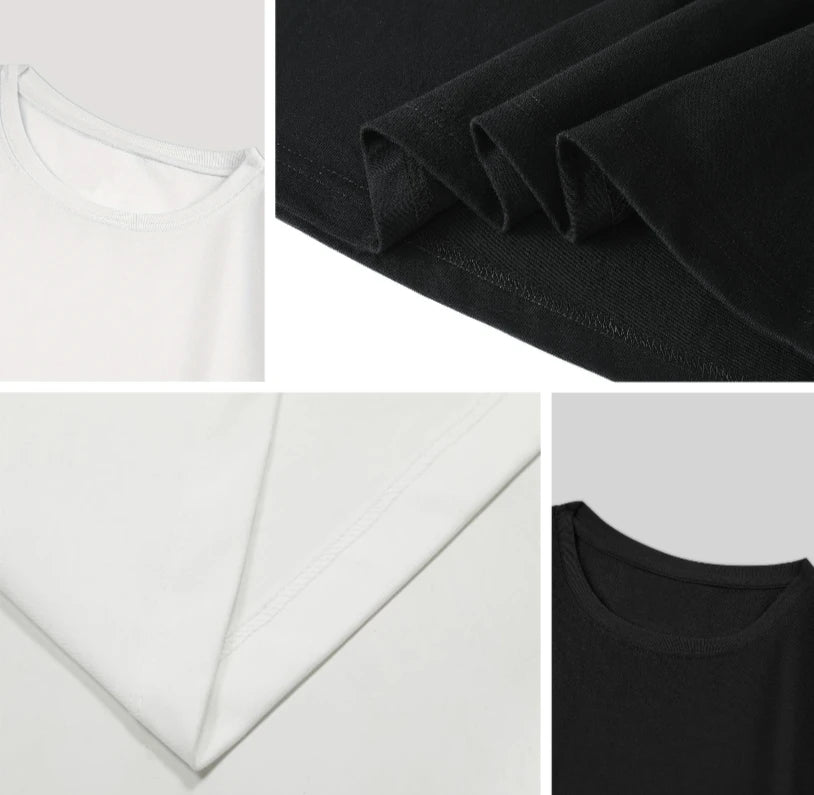 Collage of black and white t-shirts with close-up details on a white background
