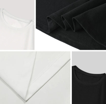 Collage of black and white t-shirts with close-up details on a white background