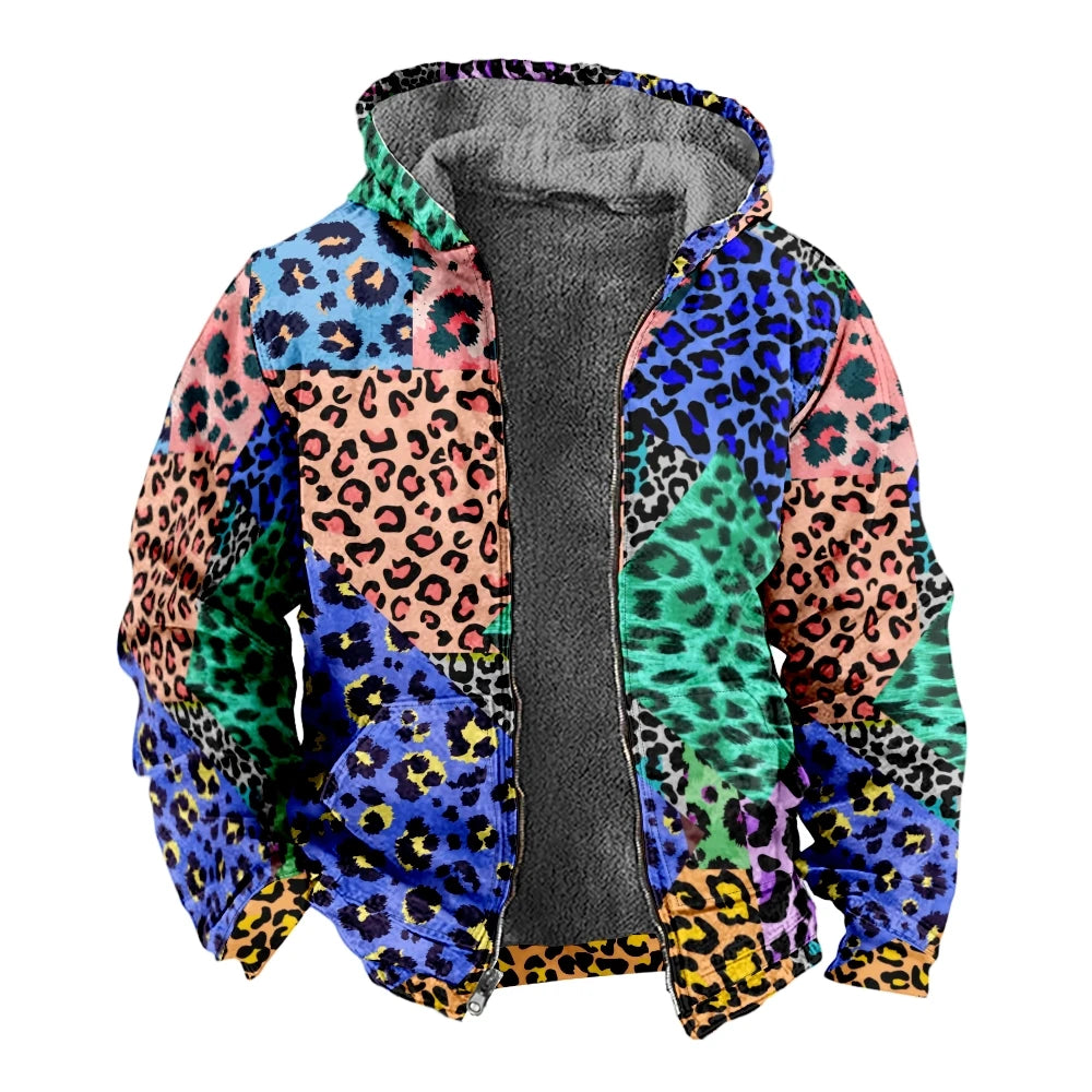 Herbst Winter Fleece Zip-Up Hoodies Original Leopard Patchwork Digitaldruck Herren Parka Mantel Jacken Oberbekleidung Sweatshirts Street