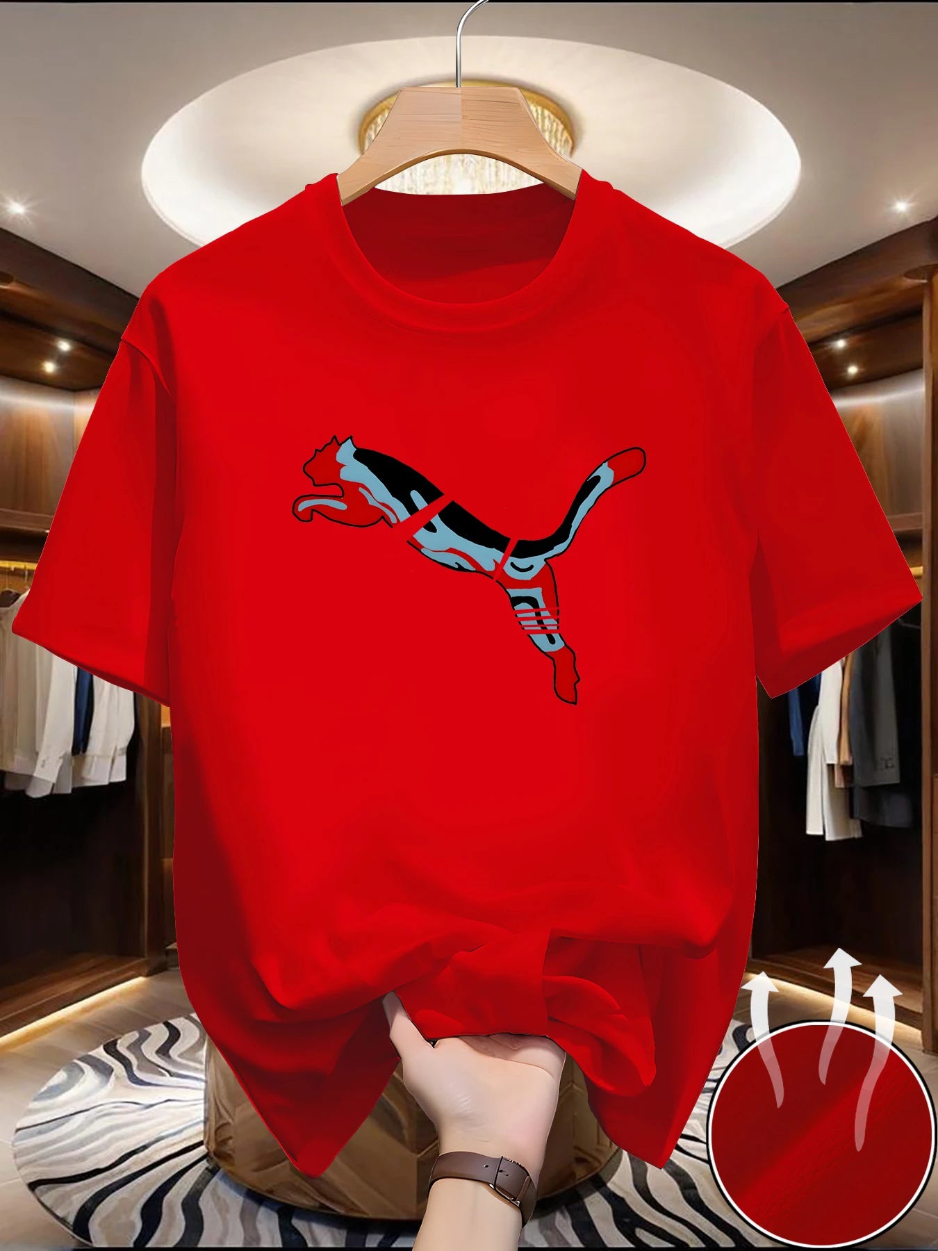 Mesh T-shirt with animal world pattern printed round neck short sleeved casual top