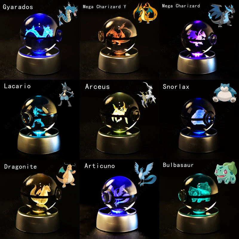 Pokemon Crystal Ball 3D Pikachu Mewtwo Mew Gengar Night Light Lamp Base Pokeball Crystal Pokemon Glass Ball Figure Birthday Gift