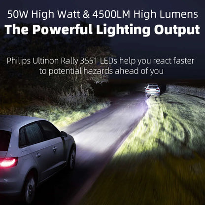 Two cars on a dark road with one car's headlights illuminating the path, highlighting Philips Ultinon Rally 3551 LEDs.