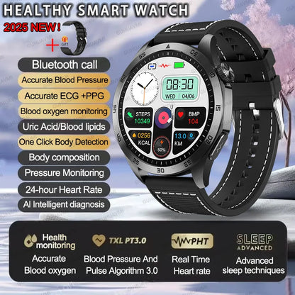 Smartwatch with features listed on a scenic background
