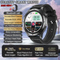 Smartwatch with features listed on a scenic background