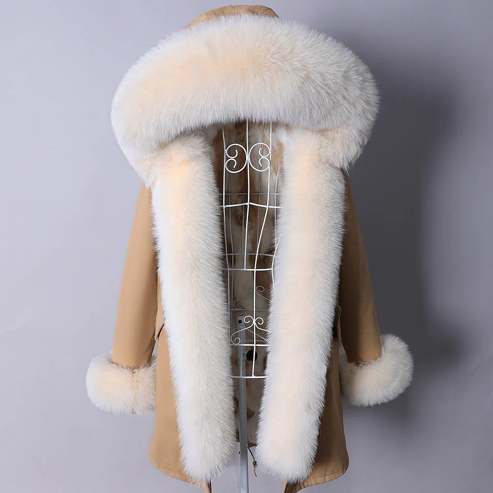 MAOMAOKONG 2023 Abnehmbarer Echtfuchs Pelzkragen Mäntel Damen Winterjacke Kapuze Kaninchenfellfutter Lange Parkas Damenbekleidung