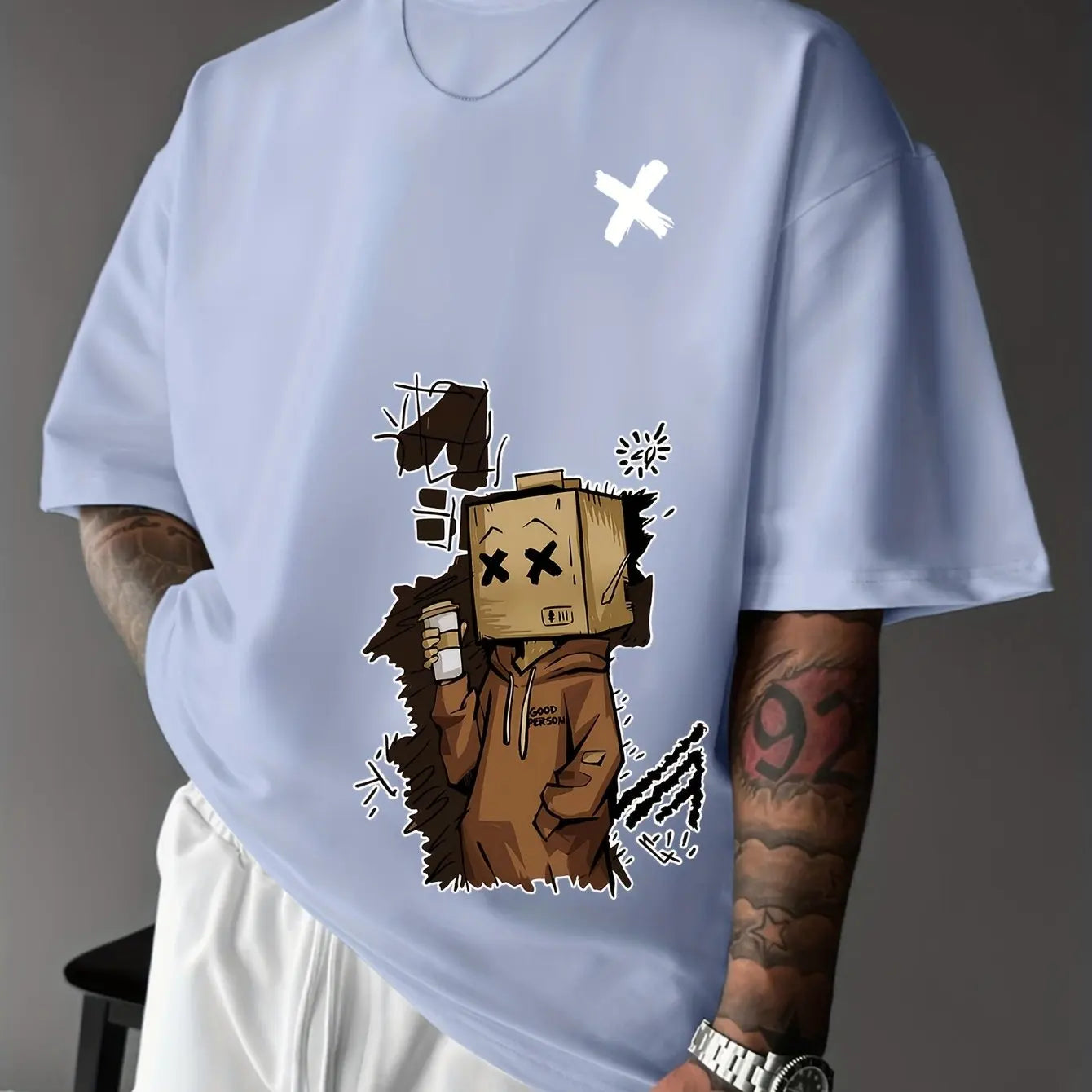 Herren T-Shirt aus 100% Baumwolle, modisch, leger, sportlich, locker, mit trendigem Puppen-Graffiti-Print und Rundhalsausschnitt, Kurzarm