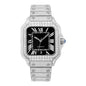 Luxury watch with diamond-studded case and black dial on a white background