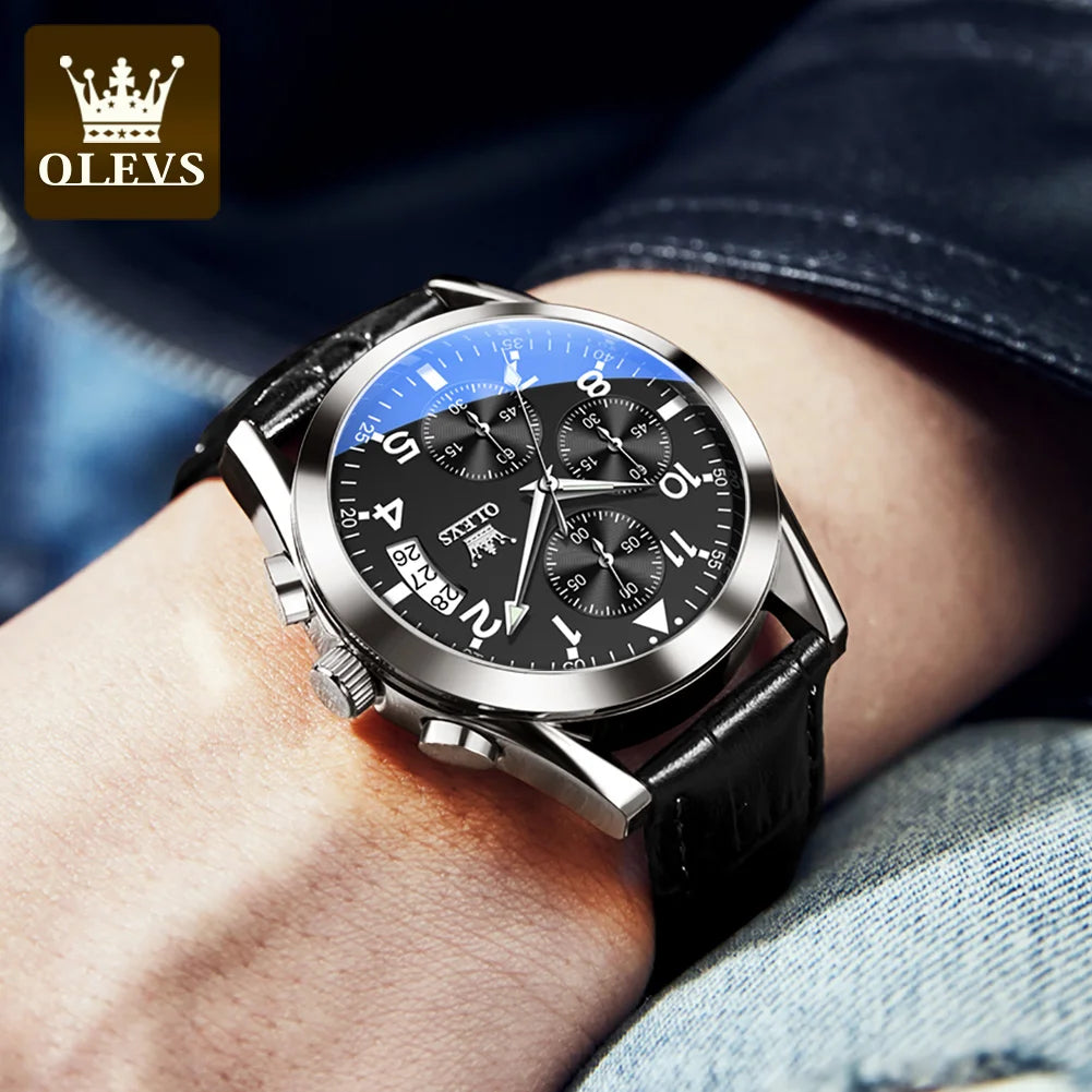 OLEVS Quartz Watch for Men Original Leather Strap Date