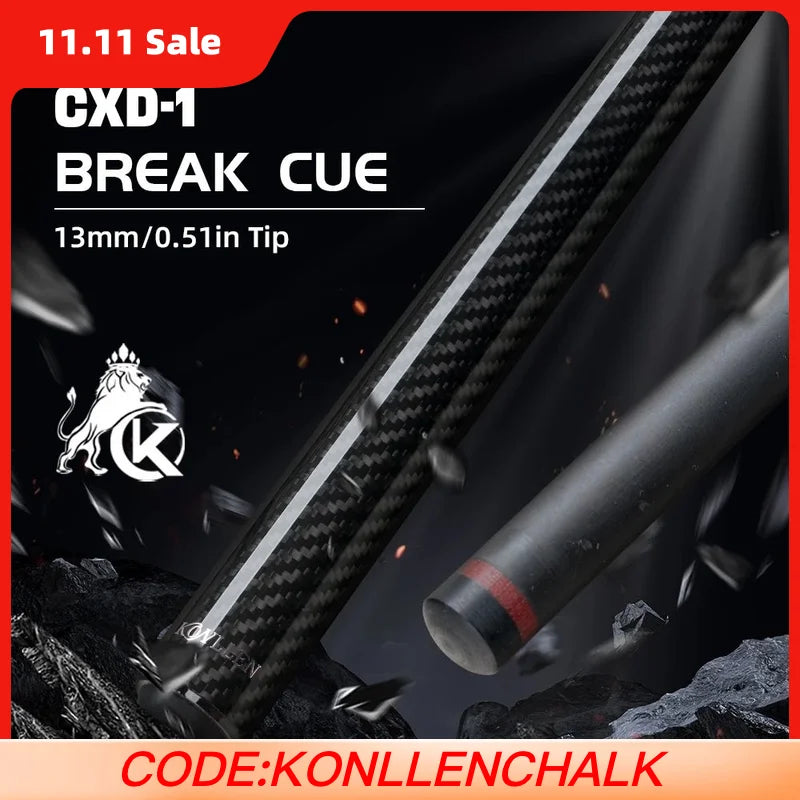 CXD-1 Break Cue with carbon fiber design on a dark background, featuring the brand logo.