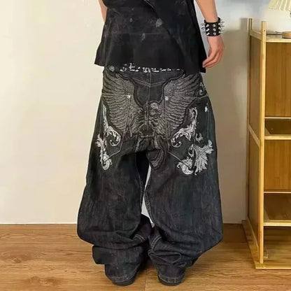 Street Fashion Trend Totenkopf bestickte Jeans Damen Harajuku Y2K Neue Hip Hop Joker Straight Wide-Leg Hosen Paar Freizeitjeans