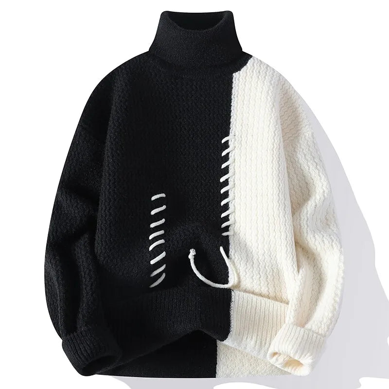 Autumn Winter Men's Knitted Turtleneck Sweater Fashion Patchwork Casual Knit Pullovers Men Loose Warm Pull Sweaters Streetwear