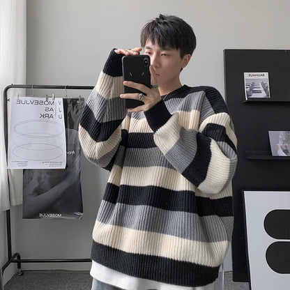 Men's Casual Loose Knitted Sweater Autumn Winter New Sle Lazy Faion Trend Stripe Knitwear Comfortable Base Layer Woolen S...
