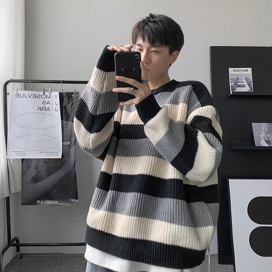 Men's Loose Knitted Stripe Sweater Autumn Winter Woolen