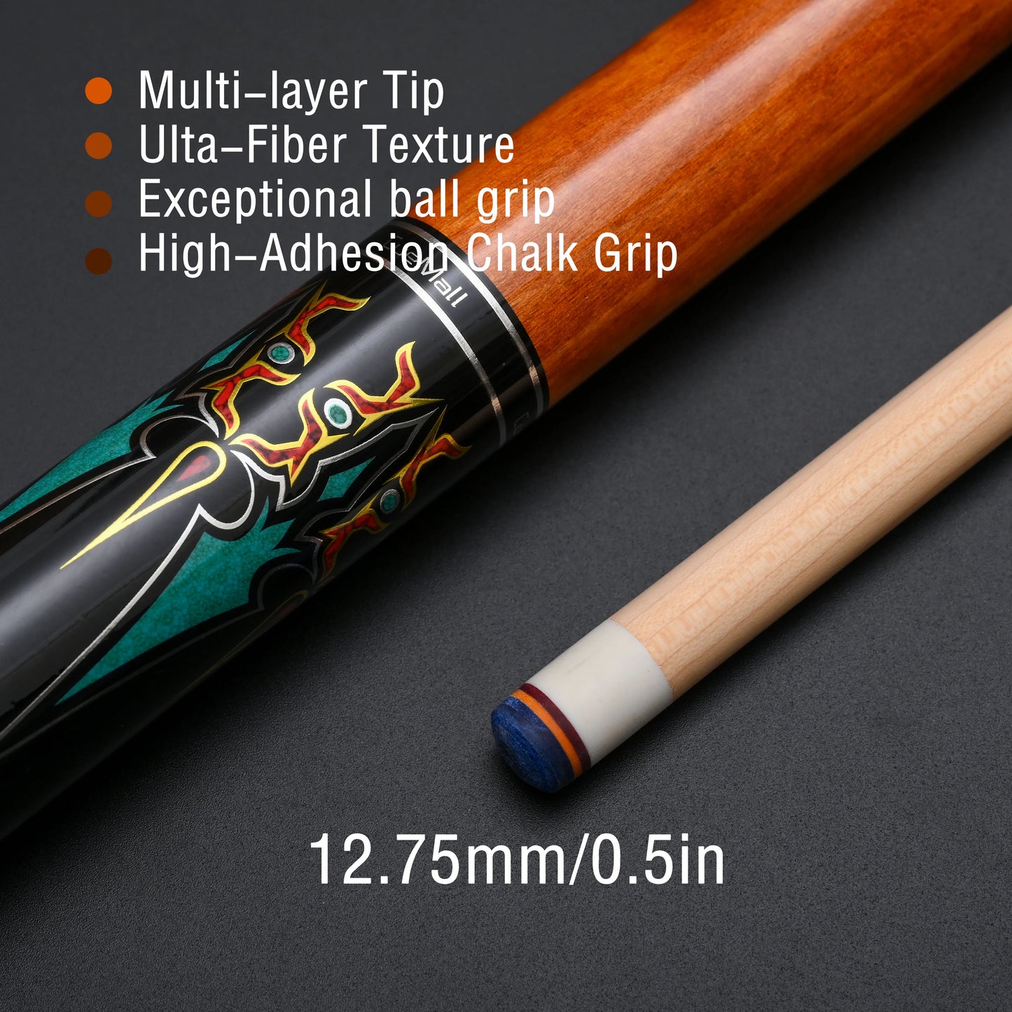 Professioneller Low-Deflection Pool Queue mit Hard Maple Oberteil & 12.75mm Spitze. Quick-3 Gewinde Edelstahlverbindung.