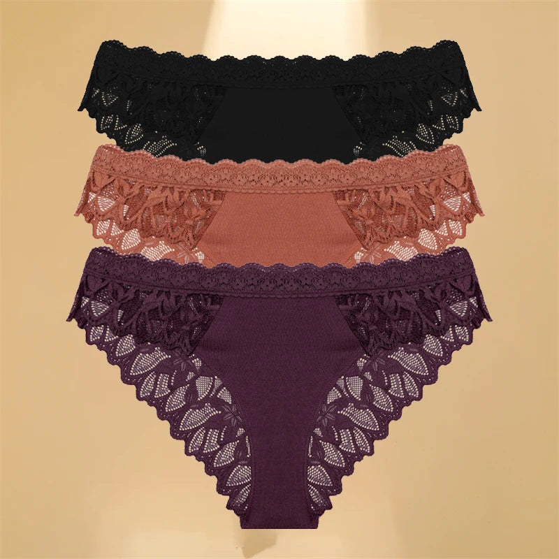 FINETOO 3Pcs Lace Hollow Out Underwear for Women Sexy Low-Waist Floral Briefs Female Invisible Breathable Lingerie Soft Intimate