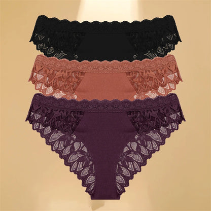 FINETOO 3Pcs Lace Hollow Out Underwear for Women Sexy Low-Waist Floral Briefs Female Invisible Breathable Lingerie Soft Intimate