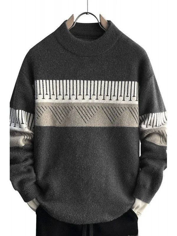 Herren Strickpullover mit geometrischem Muster, Stehkragen, warm, atmungsaktiv, lässig, als Innenbekleidung, gestreiftes Top, modisch