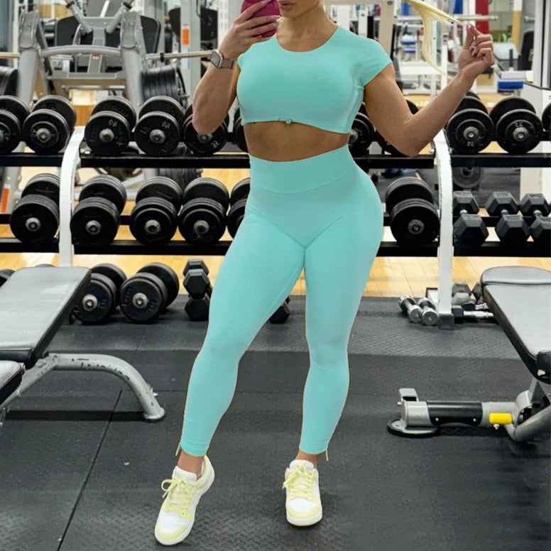 2PCS Pad Yoga Set Sports Suit Gym Leggings Women Clothes Fitness Tracksuit Workout Short Sleeve Female Athletic Sportswear XP04