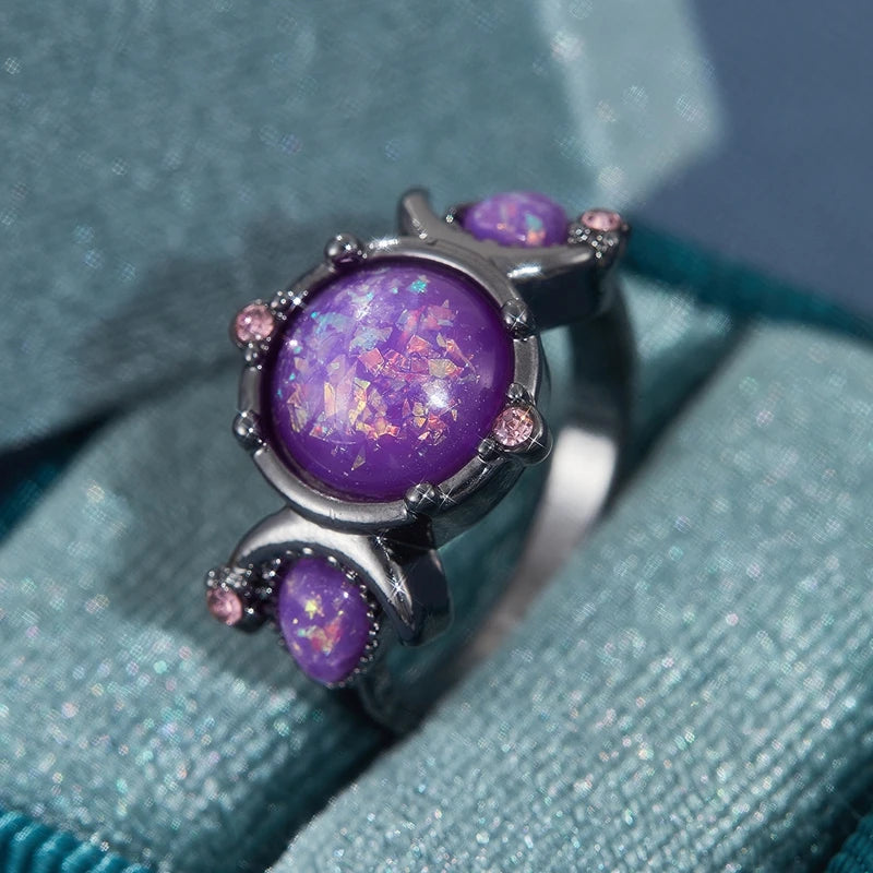 Fashion Female Round Purple Imitation Fire Opal Black Rings for Women Bridal Accessories High Quality Vintage Jewelry Gift