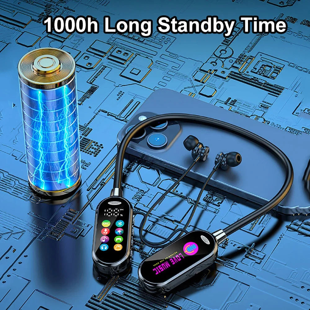 Wireless earbuds with charging case and battery pack on a technical diagram background