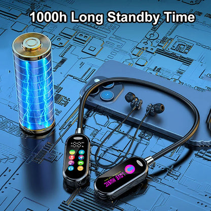 Wireless earbuds with charging case and battery pack on a technical diagram background