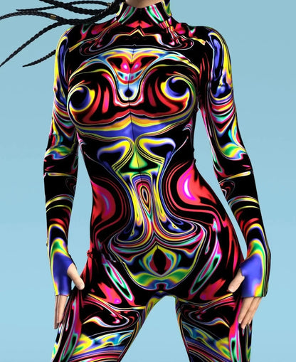 Colorful Rainbow Cosplay Costumes Abstract Geometry 3D Print Bodysuit For Women Skinny Jumpsuit Carnival Holiday Art Zentai Suit