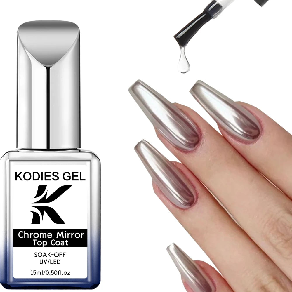 KODIES GEL Chrome Top Coat Nail Powder Finish UV Gel Nail Polish 15ML Super Shine Topcoat No Wipe Semi Permanent DIY Nails Art