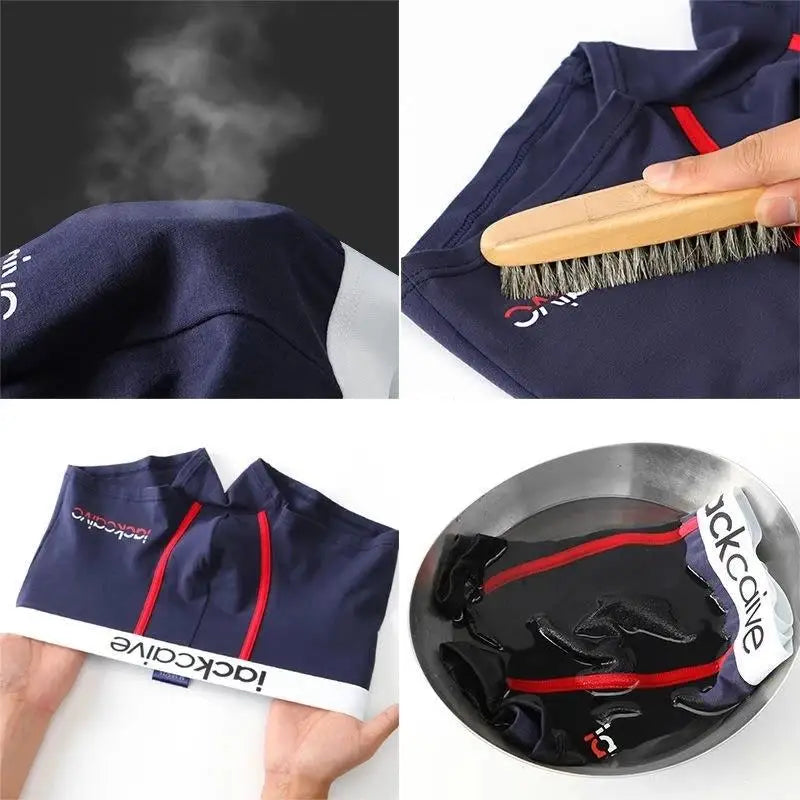 Collage of a navy blue jacket with red accents being cleaned using a brush and placed on a black surface.